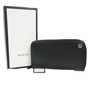 GUCCI Logo Interlocking G Zipper Around Long Wallet Leather Black GHW 38RL784